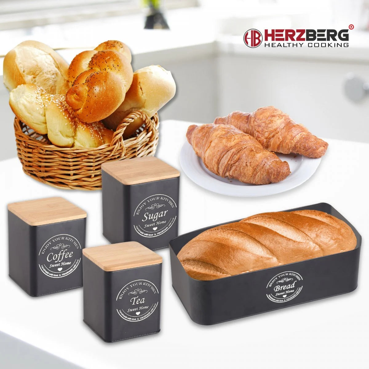 Herzberg 4-Delige Brooddozenset lunchbox broodtrommel met Bussen - Mat Zwart