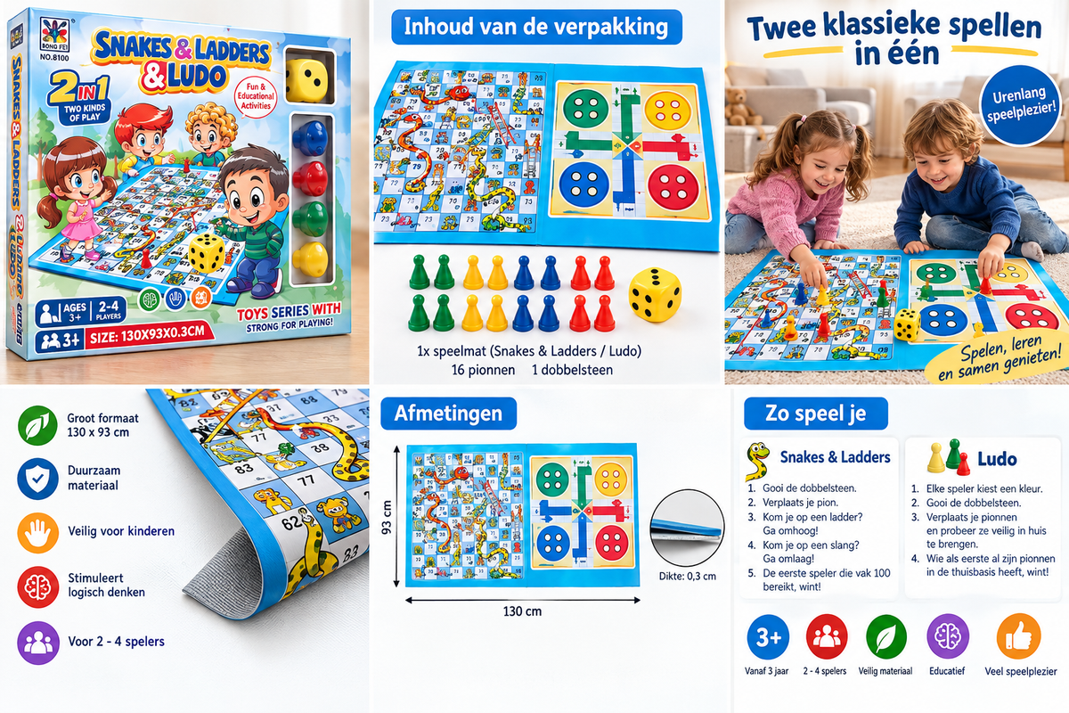 Ludo 2-in-1 Snakes & Ladders -Groot speelbord 130-93cm 2-4 spelers