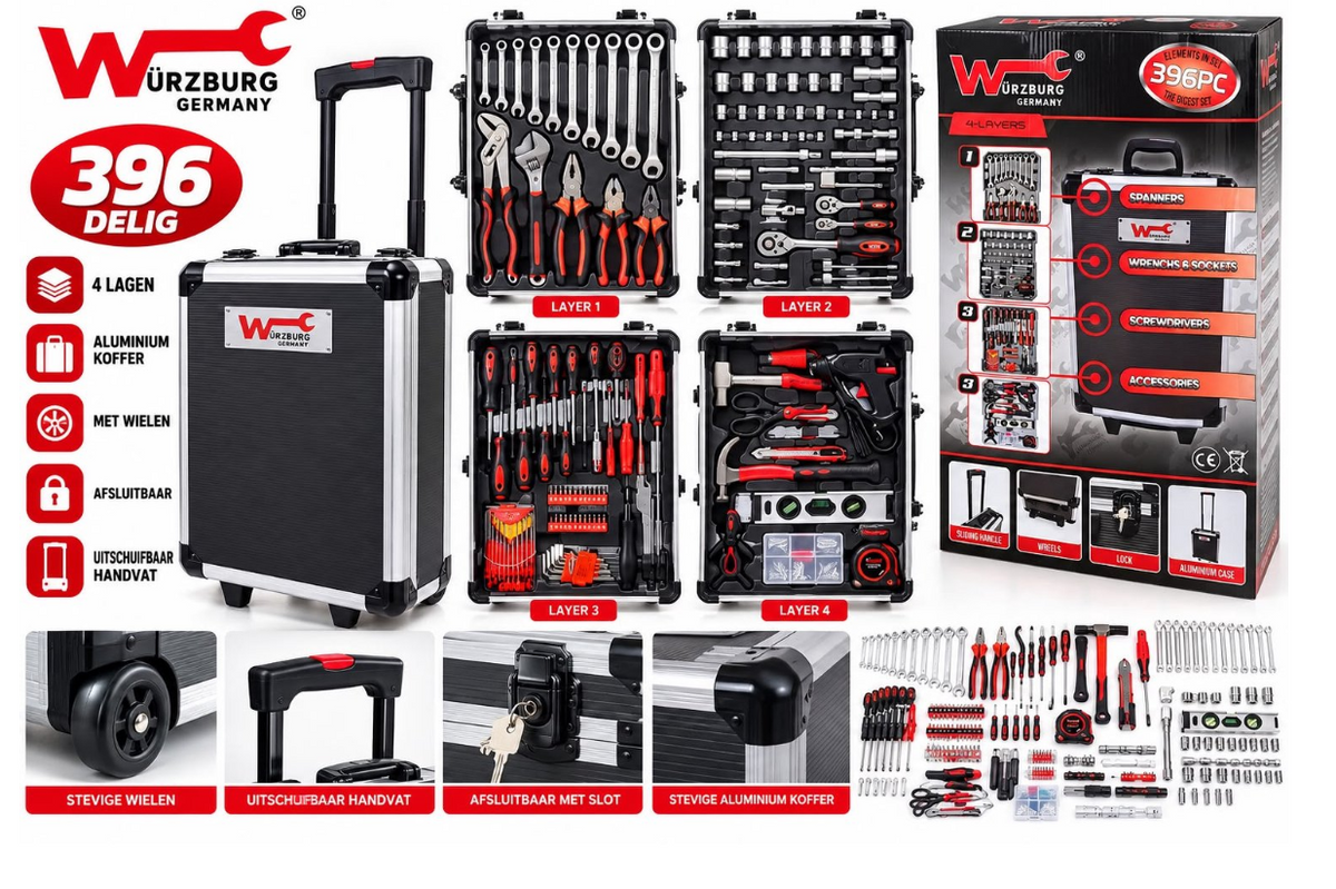 Gereedschapskoffer 396- delig -Wurzburg Germany- 4 Lagen-aluminum Trolley - Complete Gereedschapset met wielen en Telescoophandvat