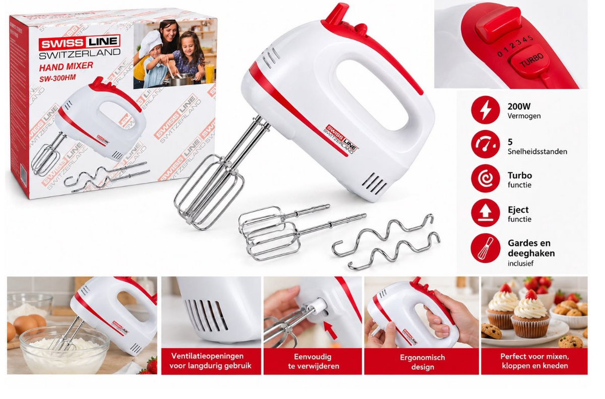 SwissLine Switzerland Handmixer-200w-5 snelheden +Turbo- met gardes en deeghaken