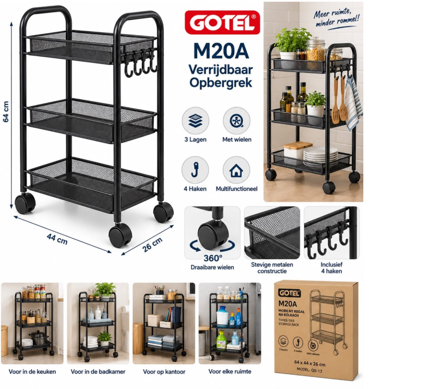 Verrijdbaar Opbergrek-3 laags keukenrek met wielen-4 haken