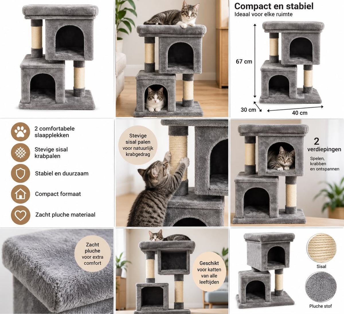 Krabpaal voor Katten -67 cm-2 verdiepingen -met 2 kattenhuisjes en Sisal Krabpaal-Grijs