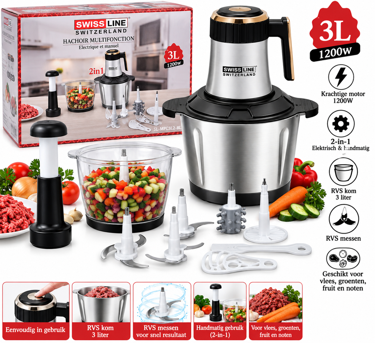 Multifunctionele Hakmolen 2-in-1 -3L-1200W-Elektrisch & Handmatig RVS