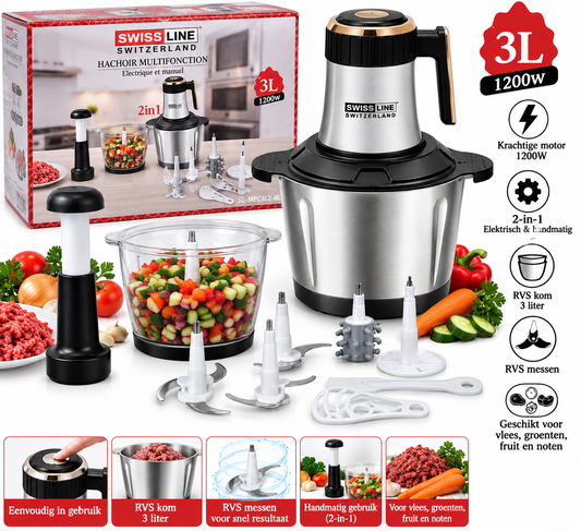 Multifunctionele Hakmolen 2-in-1 -3L-1200W-Elektrisch & Handmatig RVS