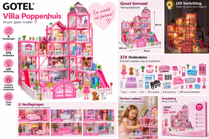 Poppenhuis XXL Villa- 6 verdiepingen -374 onderdelen-met meubels,pop en huisdieren -LED Verlichting-Roze