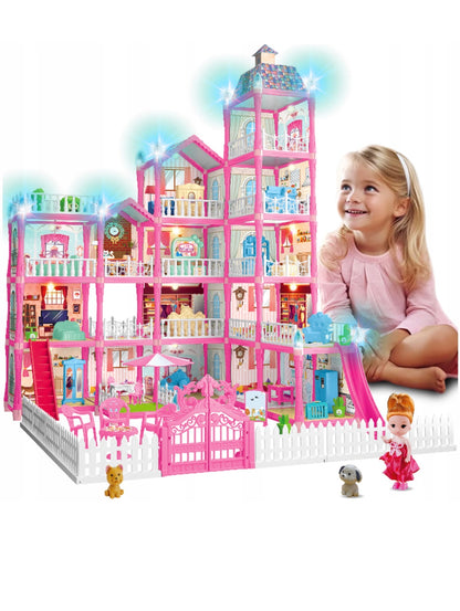 Poppenhuis XXL Villa- 6 verdiepingen -374 onderdelen-met meubels,pop en huisdieren -LED Verlichting-Roze