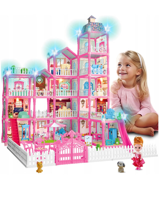 Poppenhuis XXL Villa- 6 verdiepingen -374 onderdelen-met meubels,pop en huisdieren -LED Verlichting-Roze