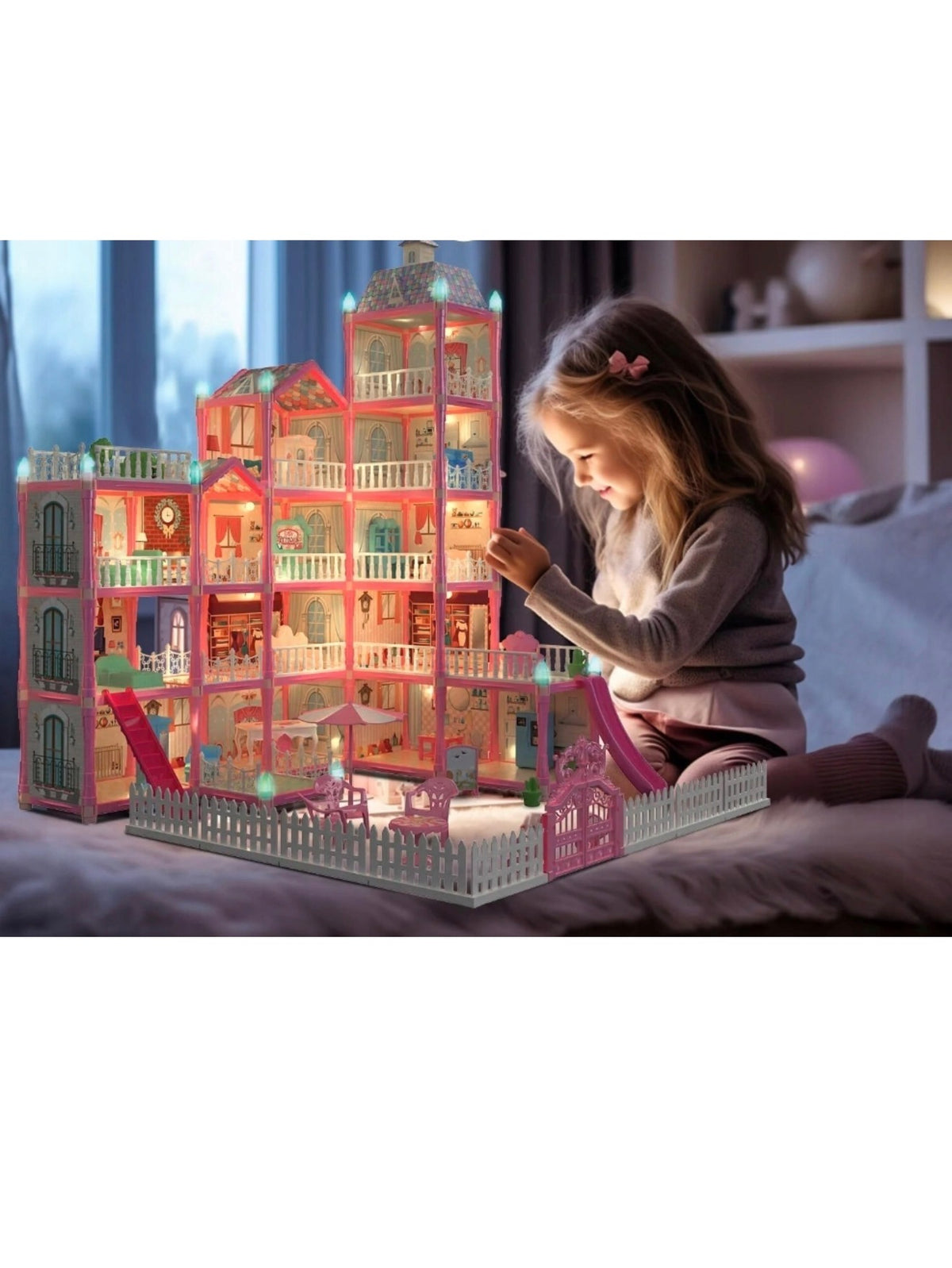Poppenhuis XXL Villa- 6 verdiepingen -374 onderdelen-met meubels,pop en huisdieren -LED Verlichting-Roze