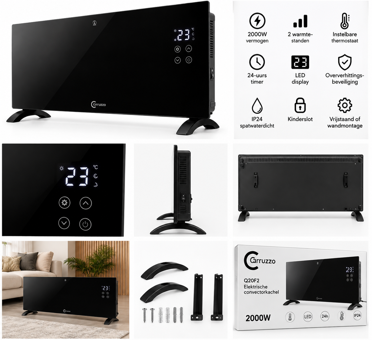 Elektrische Convectorkachel – 2000W – Glazen Paneel – LED Display – Thermostaat – 24-uurs Timer – IP24 – Zwart
