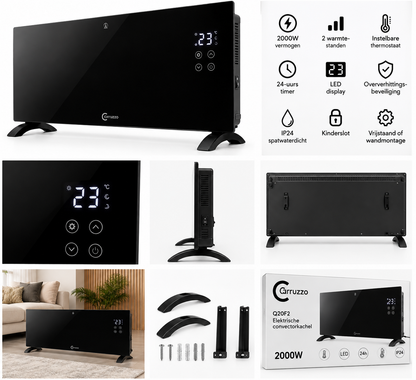 Elektrische Convectorkachel – 2000W – Glazen Paneel – LED Display – Thermostaat – 24-uurs Timer – IP24 – Zwart