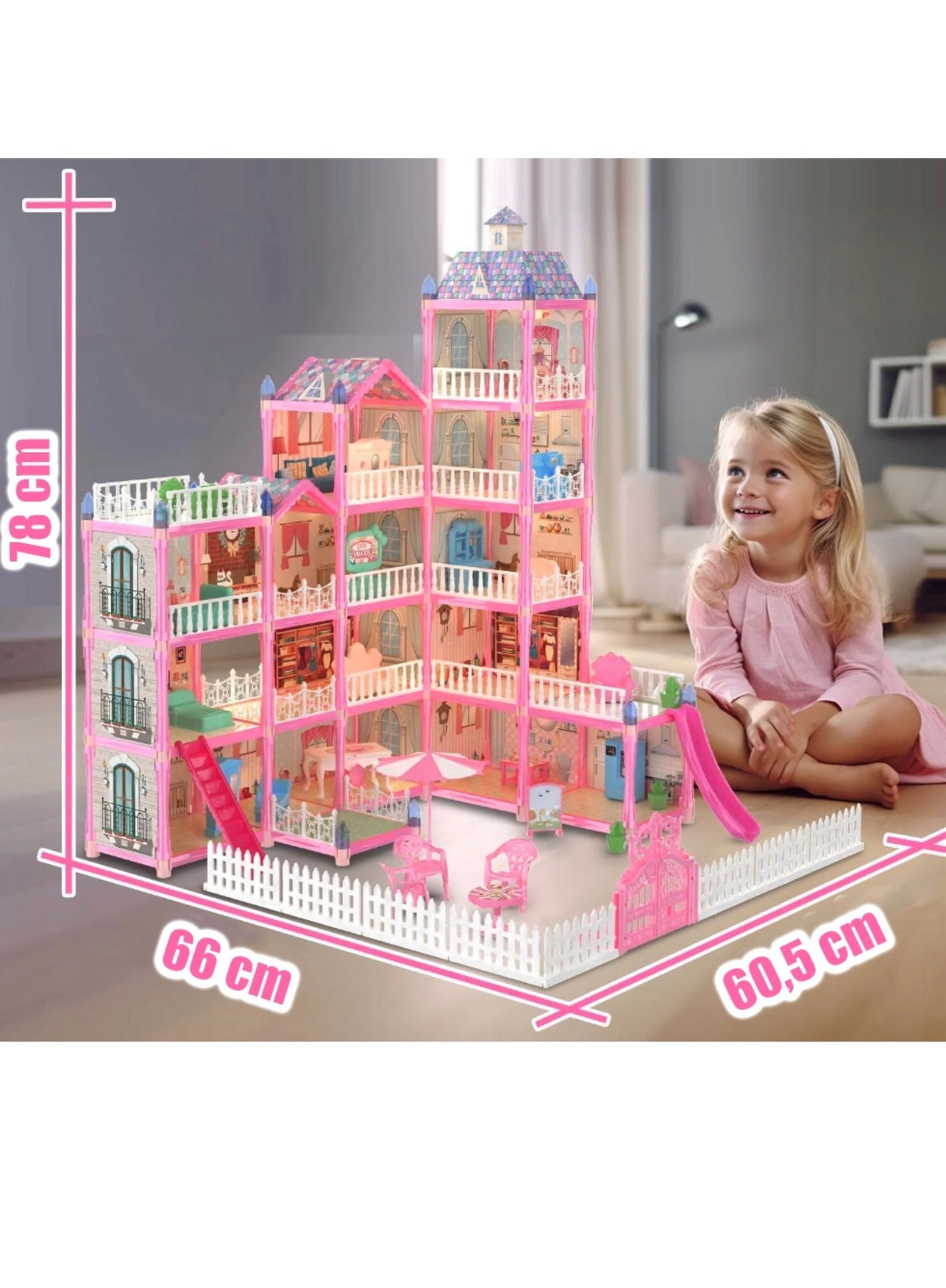 Poppenhuis XXL Villa- 6 verdiepingen -374 onderdelen-met meubels,pop en huisdieren -LED Verlichting-Roze