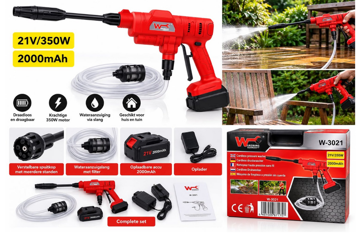 Draadloze Hogedrukreiniger 21V- 350w- 2000mAh Accu- Mobiele Accu Drukreiniger
