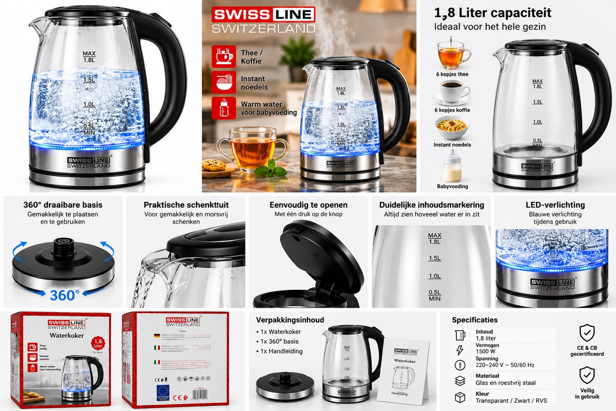 Glazen Waterkoker - 1,8 L - Swiss Line Switzerland-1500w-Zwart/Zilver