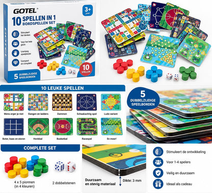 Bordspelset -- Airplanes - Farmer - Double Checkers - Planetary Three- Chess - Square Chess - Tic-Tac-Toe - Pirate Treasure - On the Road - Animal Chess