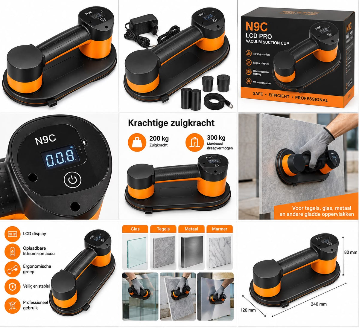Elektrische Vacuum Zuignap met LCD Display -300kg Draagvermogen-2ookg Zuigkracht-Voor Tegels,Glas en Metaal-2 Accu's