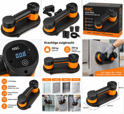Elektrische Vacuum Zuignap met LCD Display -300kg Draagvermogen-2ookg Zuigkracht-Voor Tegels,Glas en Metaal-2 Accu's